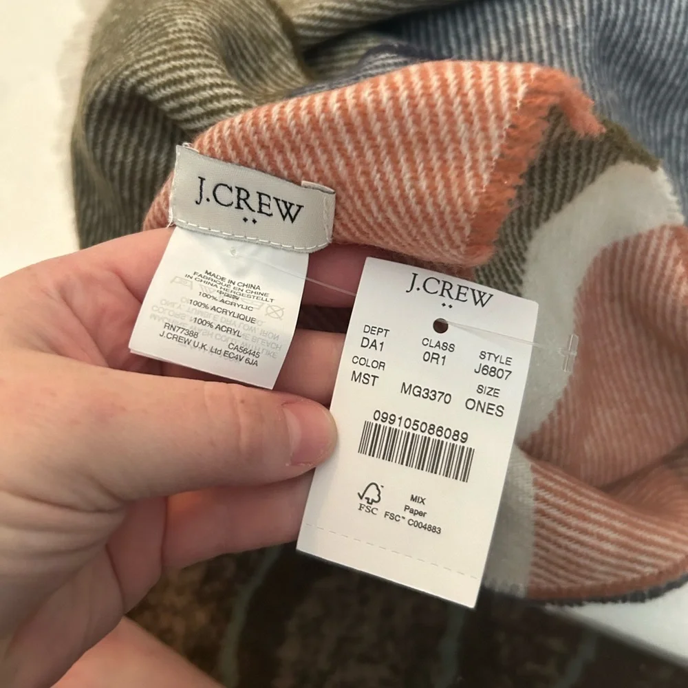 J. Crew NWT raw edge color block large scarf wrap blue white red green